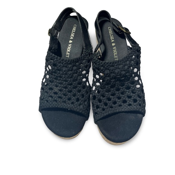 Chelsea & Violet Black Woven Wedge Sandals Size 8.5M Cork Platform Shoes - Picture 1 of 4